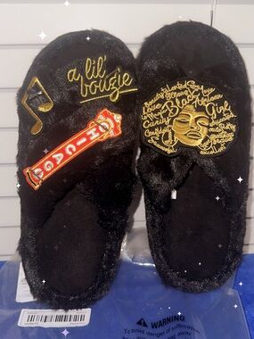 Black Faux-Fur Women's Slide Slippers with Gold Embroidered Accents